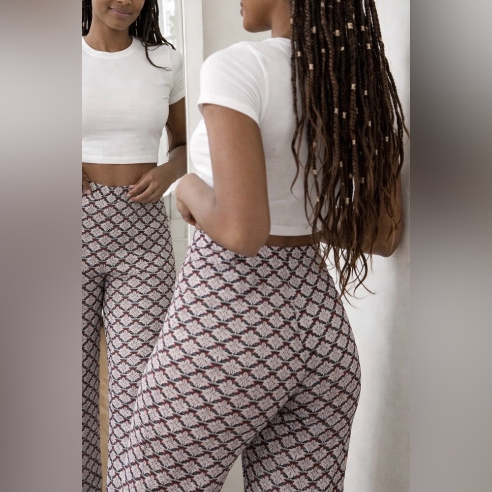 Vintage High-Rise Printed Wide-Leg Pants - White Green & Red Pattern